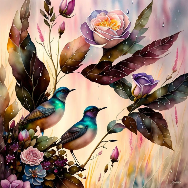 Colorful Birds Among Blossoms and Leaves on Pastel Background