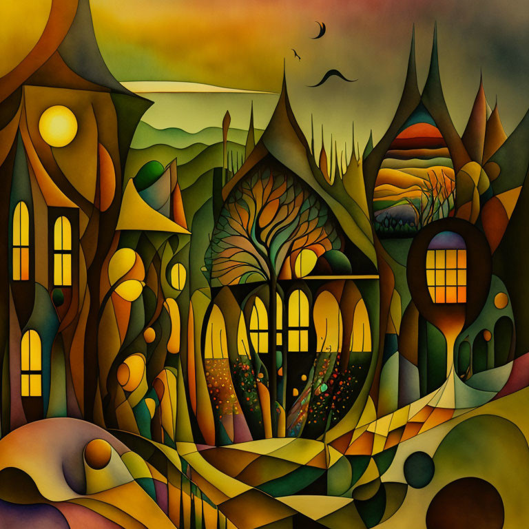 Colorful surreal landscape painting with stylized trees, hills, whimsical structures, and soaring bird under