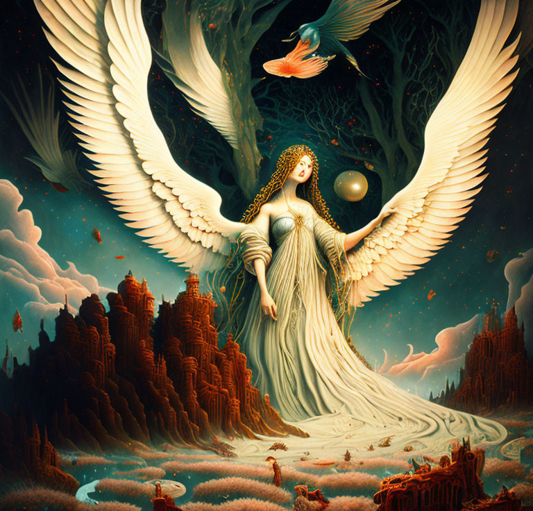 Fantastical angel with expansive wings in dreamlike landscape holding glowing orb