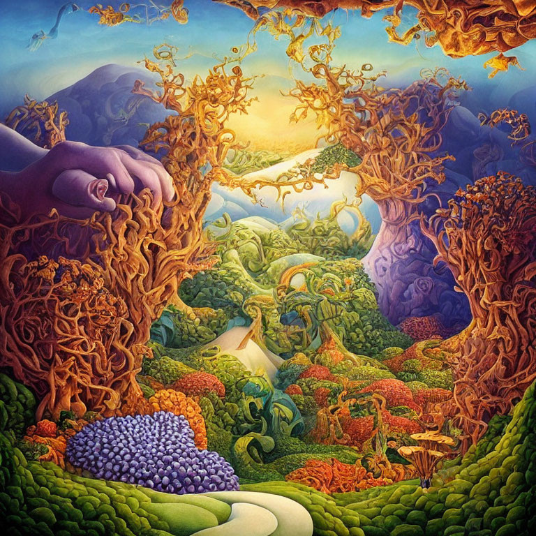 Surreal landscape painting with arched trees, path, and sculpted mountain