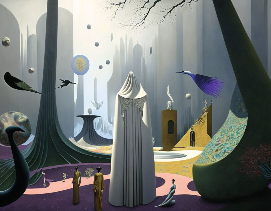 Surreal landscape with robed figure, whimsical trees, and floating orbs