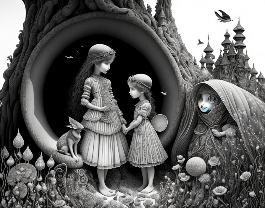 Stylized monochrome fantasy scene with girls, rabbit, birds, and glowing blue-eyed entity