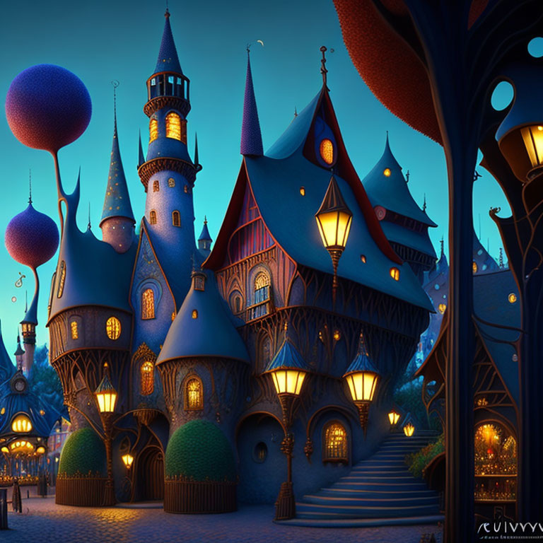 Animated fairytale castle at night with whimsical towers and starlit sky