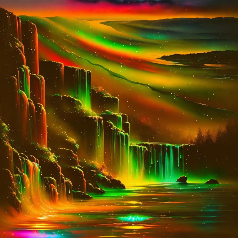 Surreal landscape with luminous waterfalls and colorful aurora sky