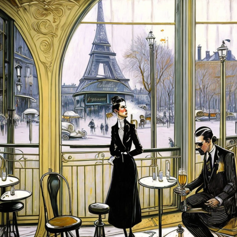 Chic couple in Parisian cafe with Eiffel Tower view illustration