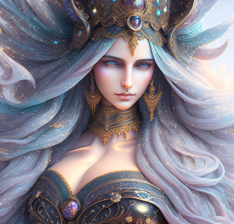 Fantasy Figure with Blue Hair, Golden Jewelry & Armor