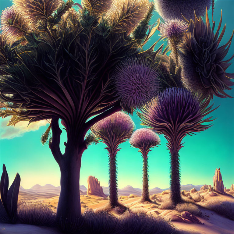 Colorful alien trees and plants in a fantastical landscape