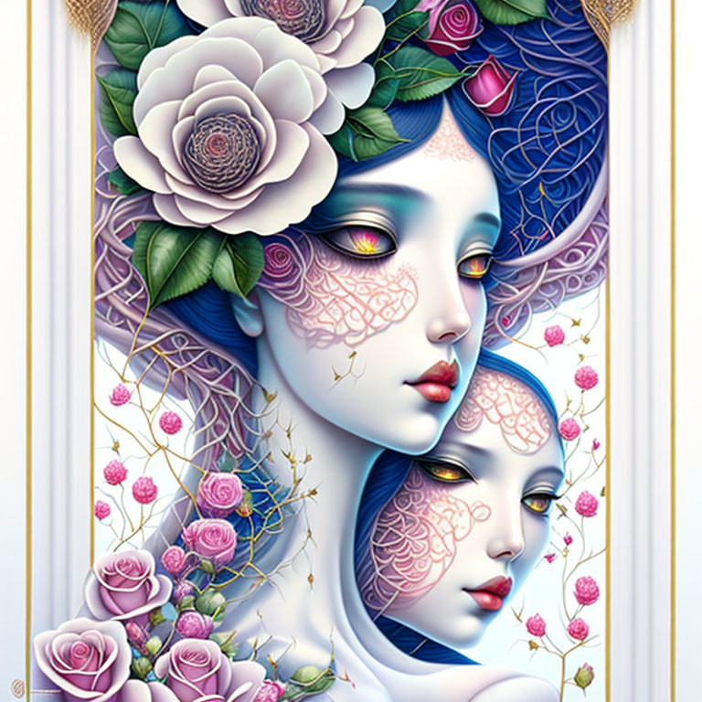 Floral-adorned faces in ornamental border art.