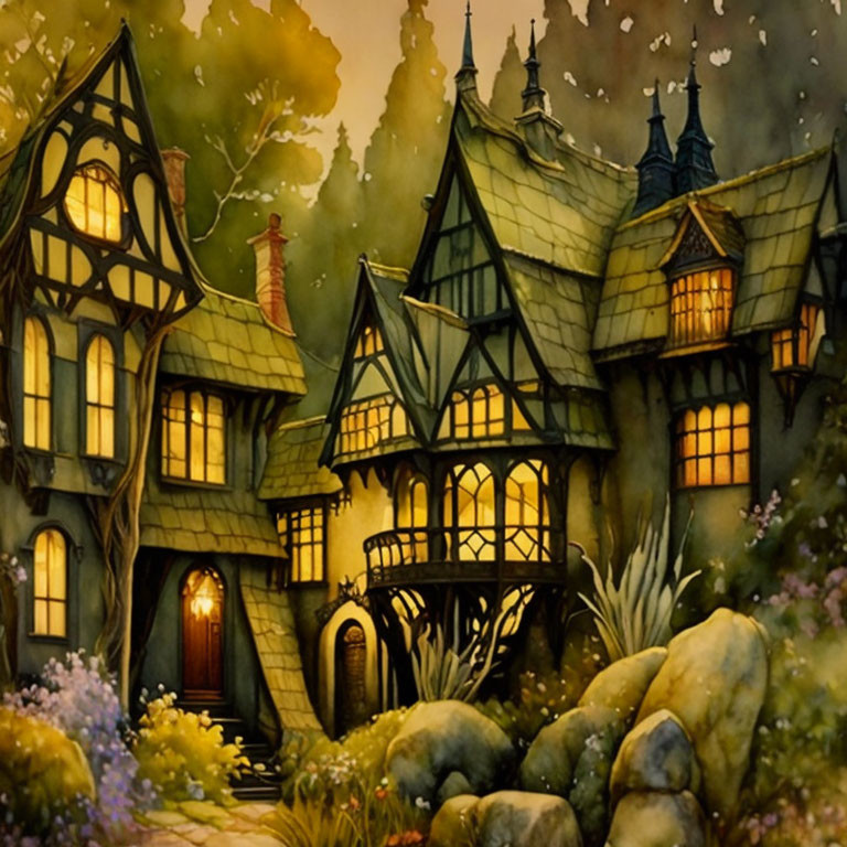 Whimsical Tudor-style cottage in enchanted forest at dusk