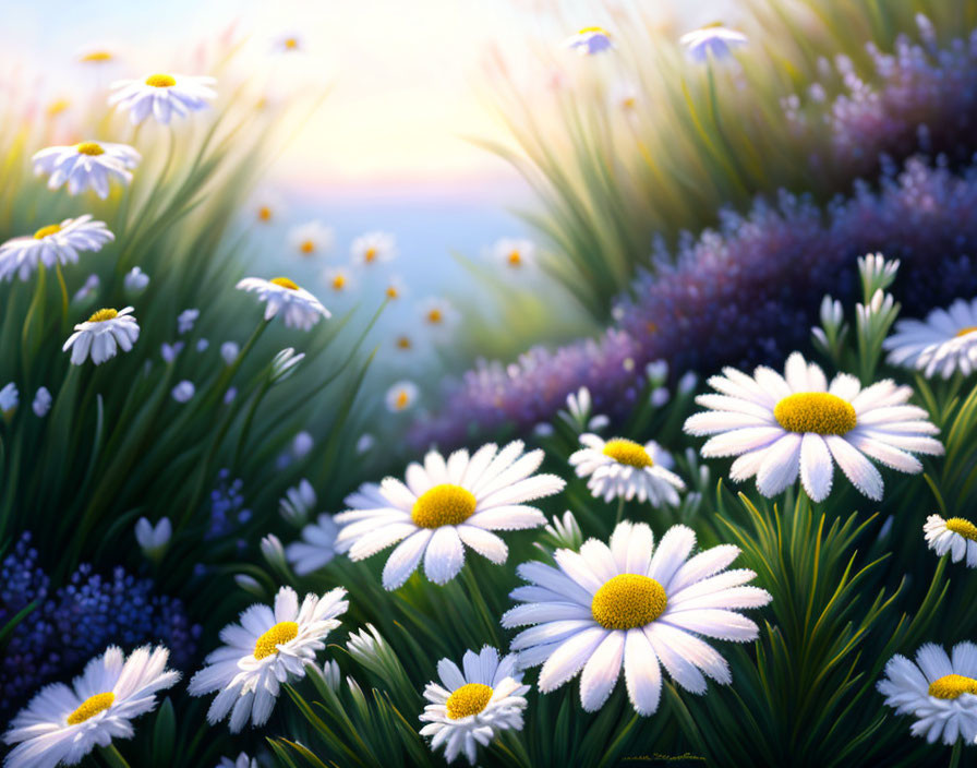 Tranquil sunrise over blooming daisies and serene sea