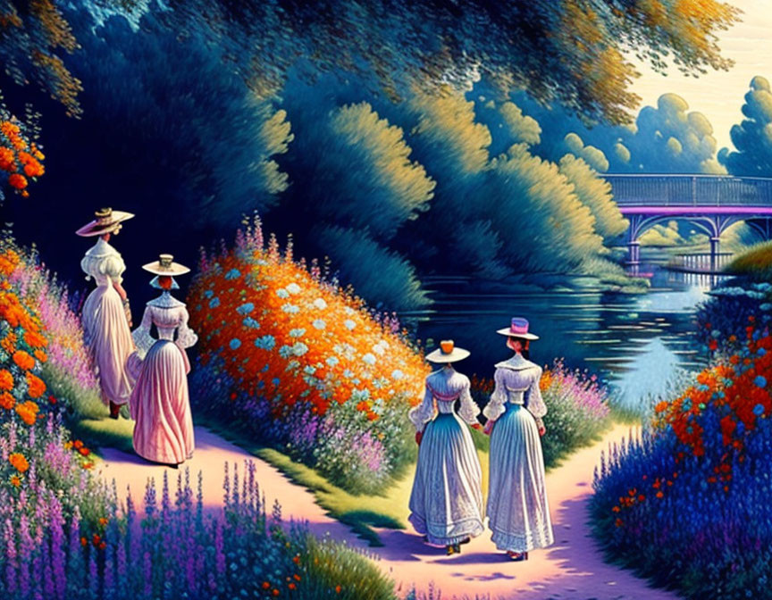 Victorian women walking by river with vibrant flowers and bridge in lush landscape