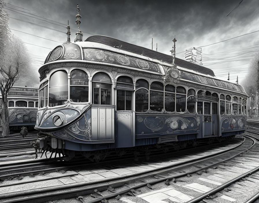 Ornately decorated vintage tram on railway tracks in monochrome setting