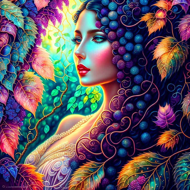 Colorful autumn leaves and grape clusters adorn woman in vibrant portrait