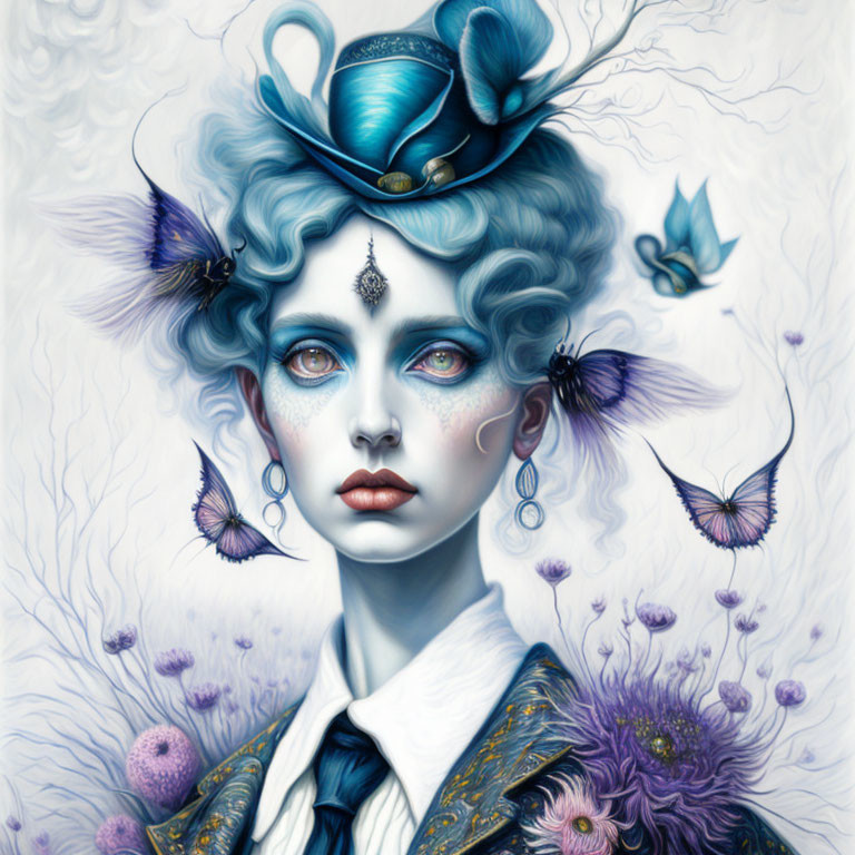 Blue-skinned person in Victorian attire with teacup hat and butterflies on surreal background