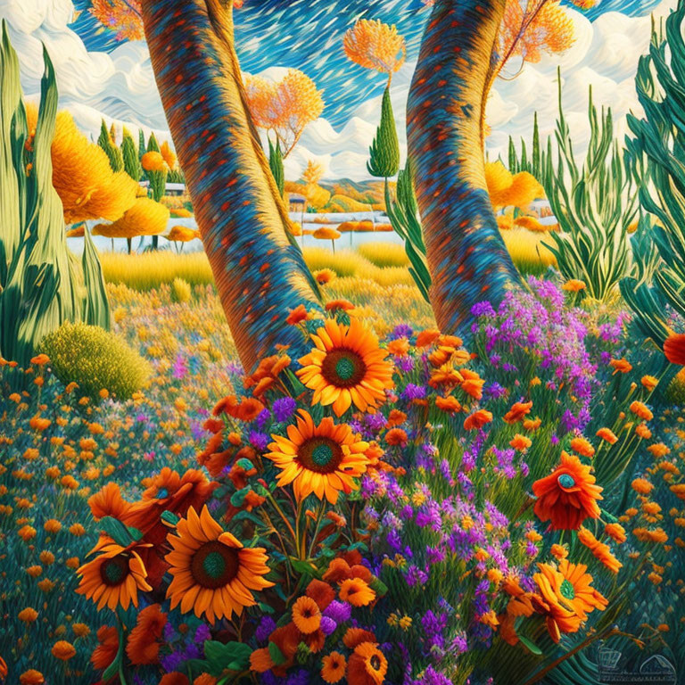 Colorful Landscape Painting with Sunflowers, Purple Flora, and Swirling Skies