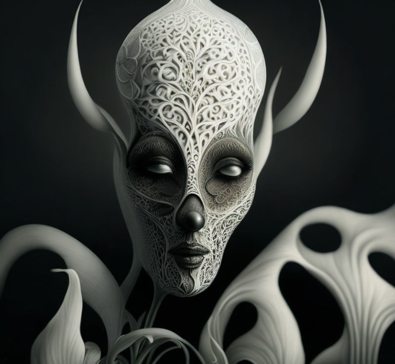 Intricate Monochromatic Mask with Swirling Patterns and Horns