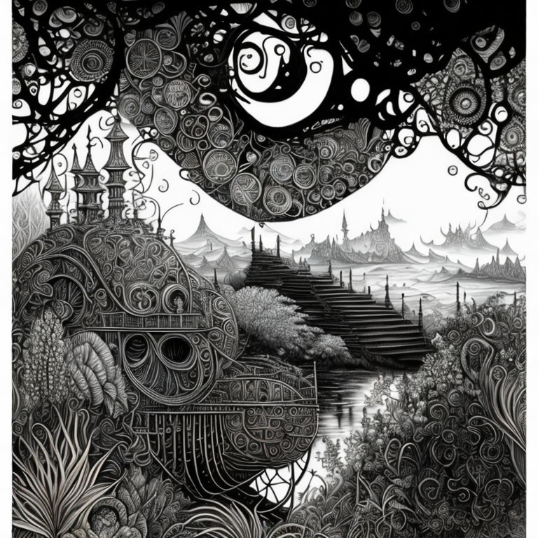 Detailed black and white whimsical landscape with ornate patterns, crescent moon, and fantastical cast