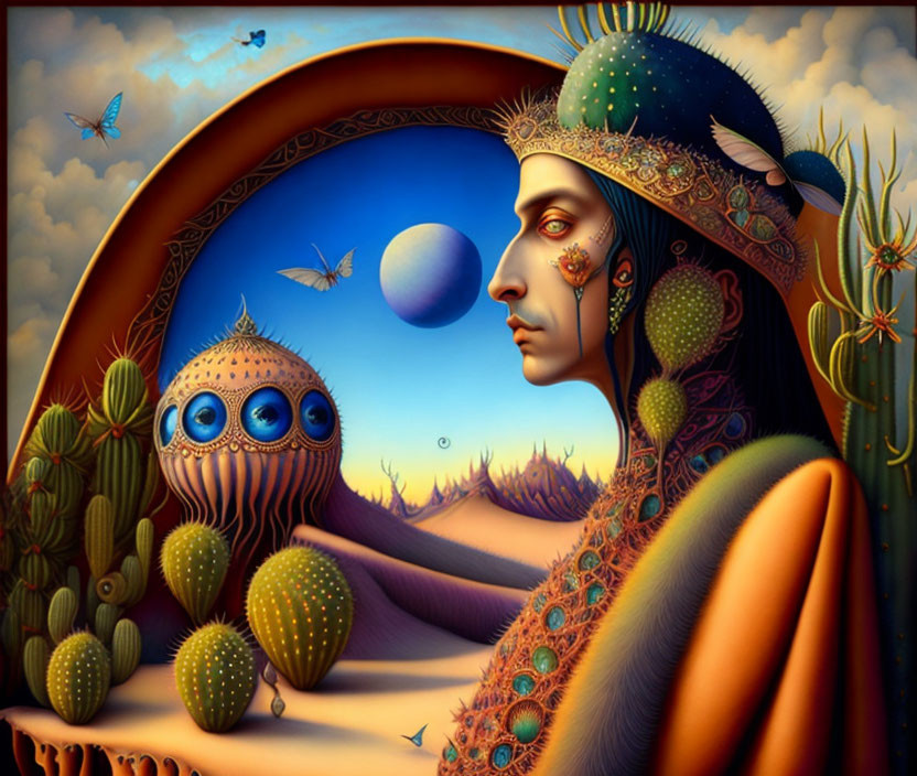 Surreal painting: Person with elaborate headgear, cacti, fantastical creatures, two