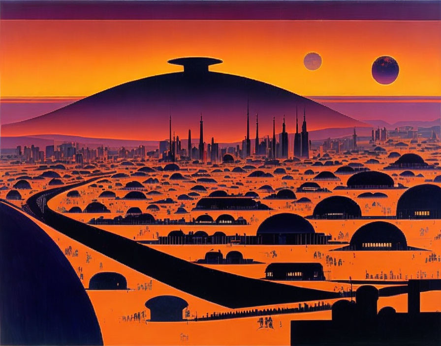 Futuristic cityscape with dome-shaped buildings, disk-like structure, and dual moons in orange sky