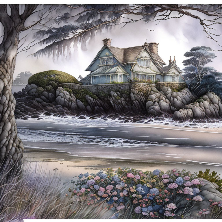 Victorian-style house by rocky shore with barren tree, pink flowers, and cloudy sky.