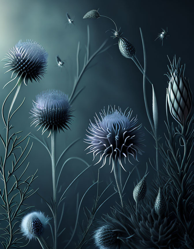 Ethereal blue thistles and delicate insects in moonlit scene