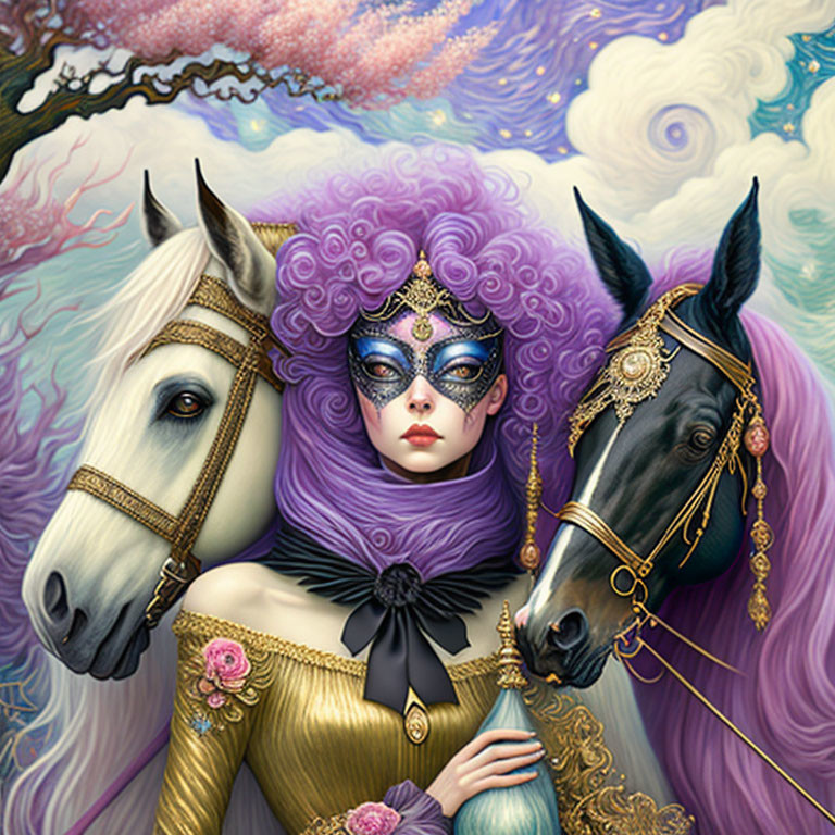 Woman in purple masquerade mask with white and black horses in whimsical setting