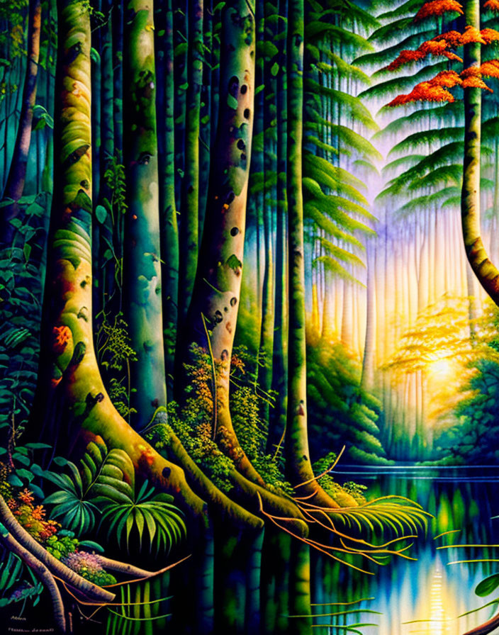 Lush Tropical Forest Painting with Towering Trees & Reflective Water