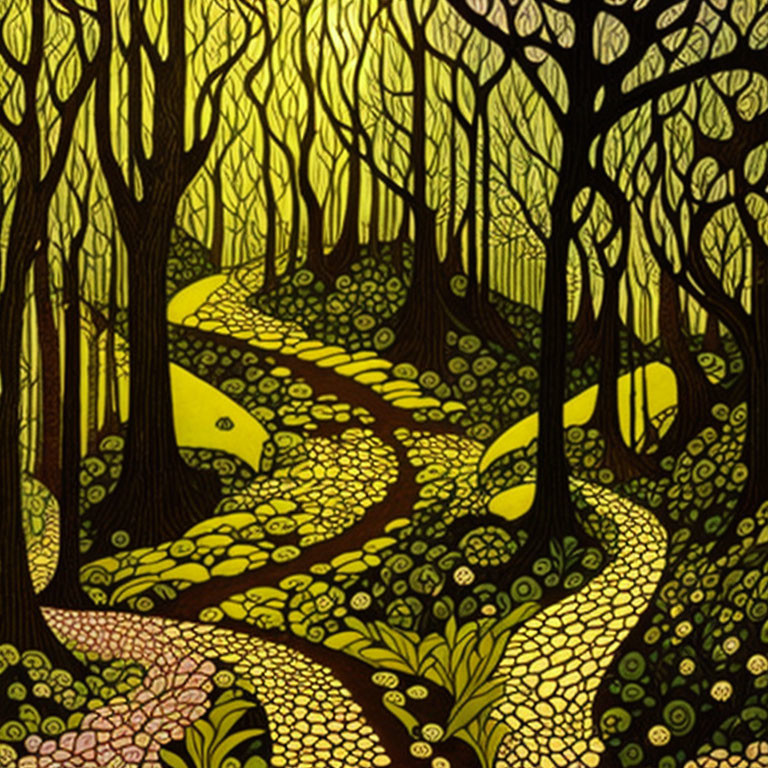 Forest Path Illustration with Yellow Tones & Dense Trees