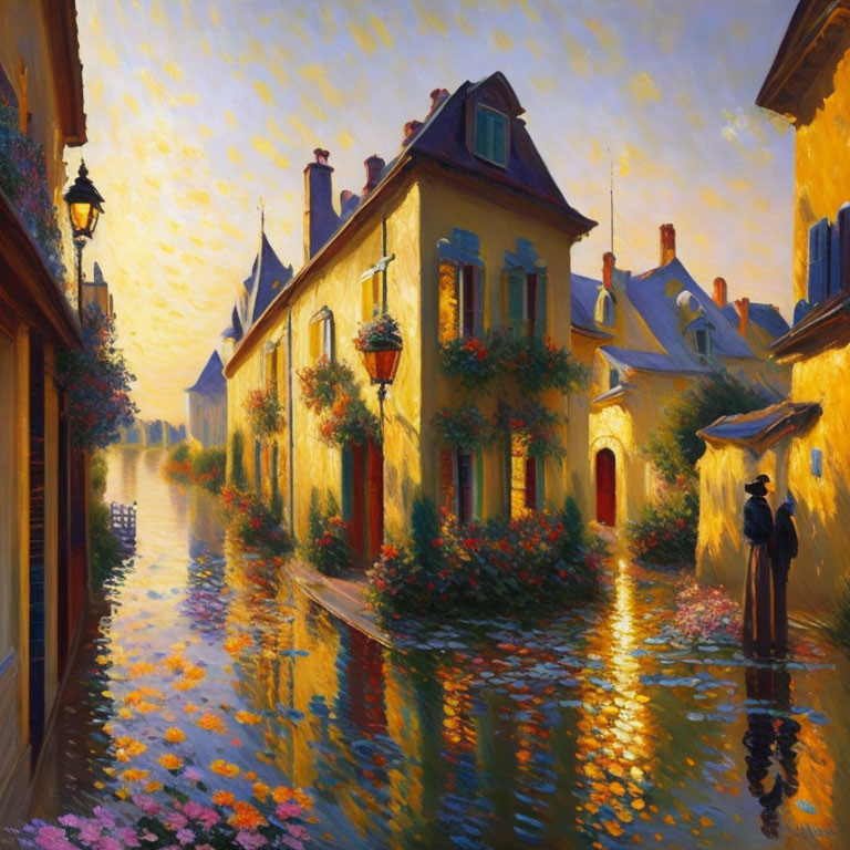 Scenic sunset painting of canal with houses and figure