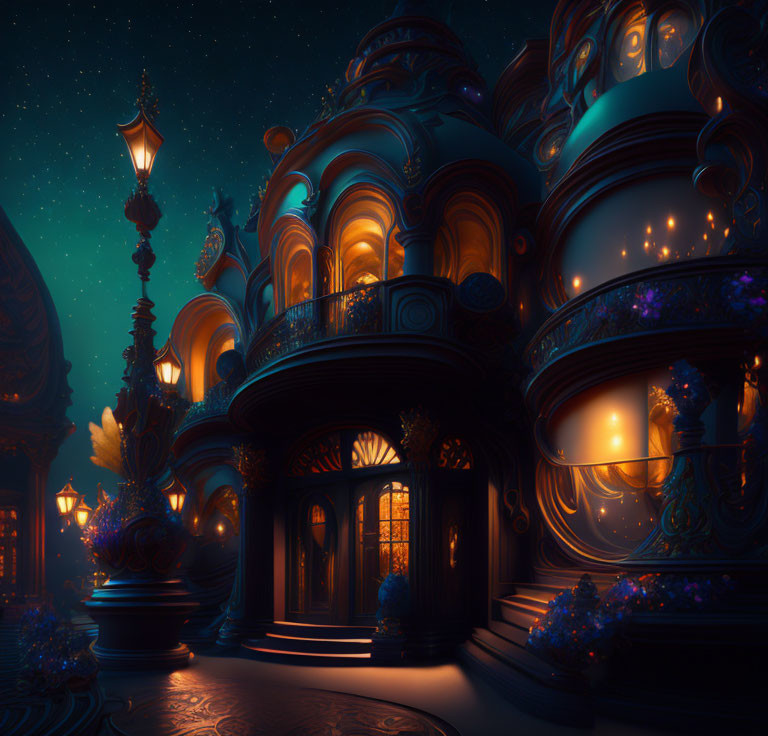 Whimsical ornate building at night with glowing windows and blue flowers