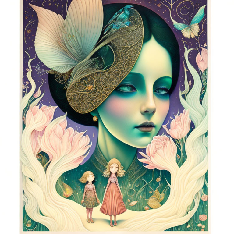 Illustrated portrait of woman with butterfly hat, flowers, small girls, whimsical elements