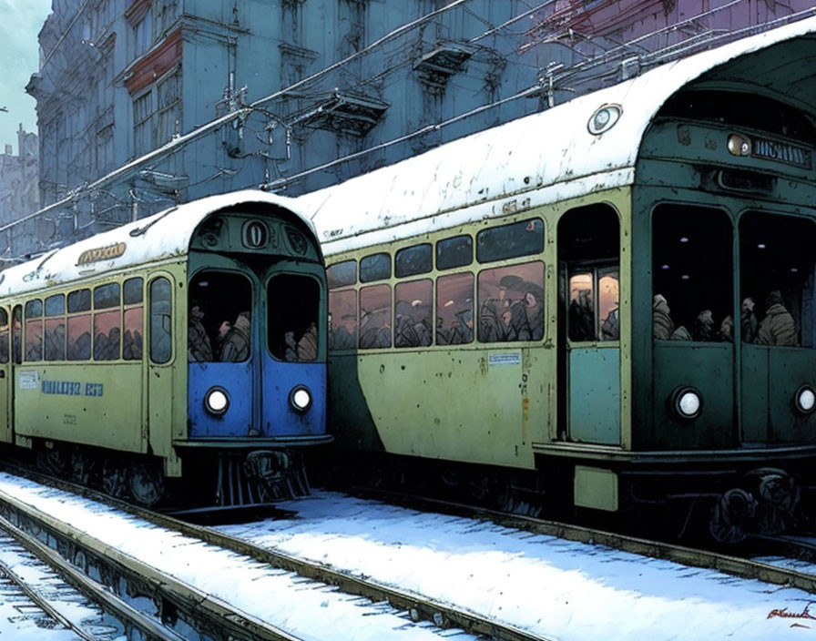 Crowded tram on snowy tracks with passengers and cityscape.