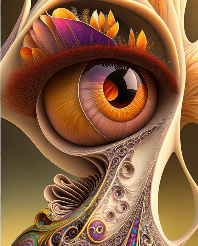 Vibrant surreal eye illustration with petals, feathers, and intricate patterns