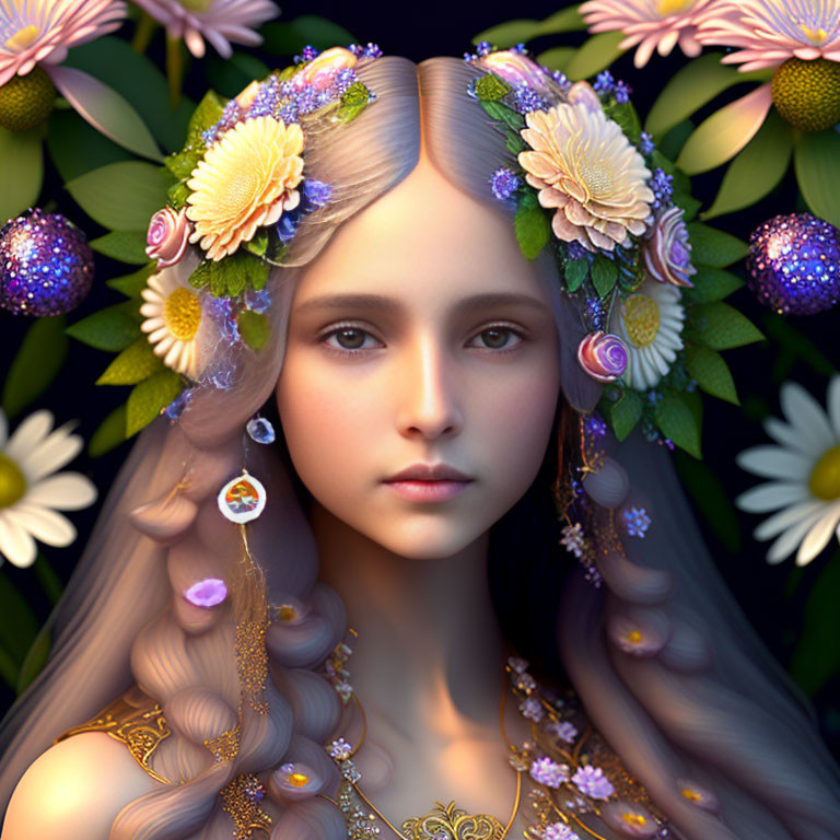 Young woman's digital portrait with floral adornments and sparkling earrings in a lush flower setting.