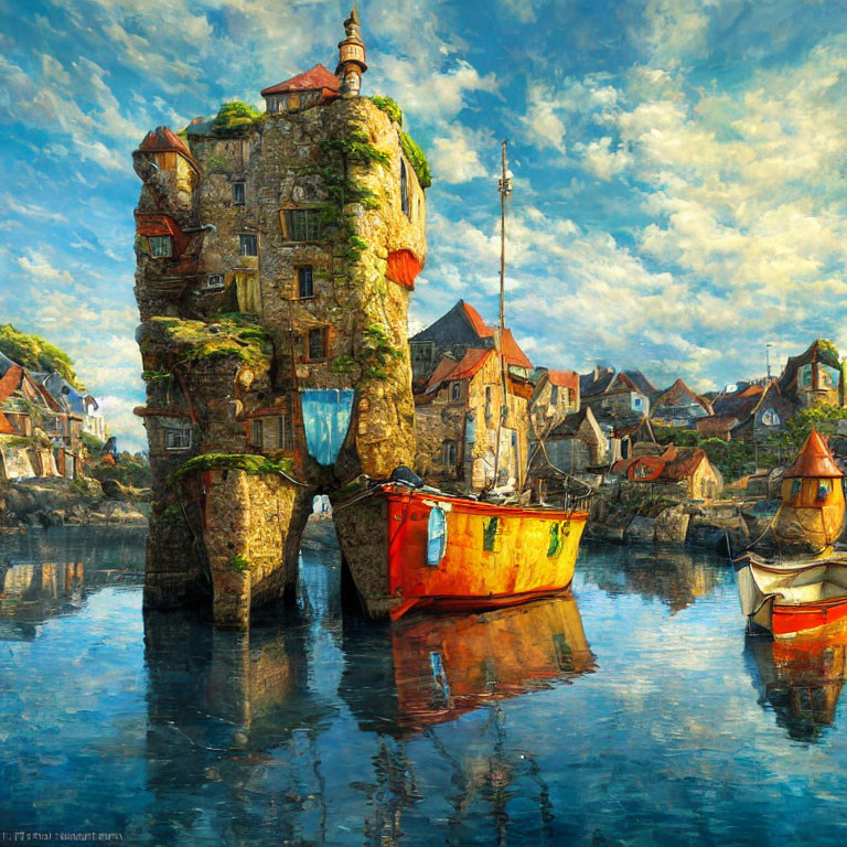 Quaint Village by the Sea with Stone Tower House & Colorful Boats