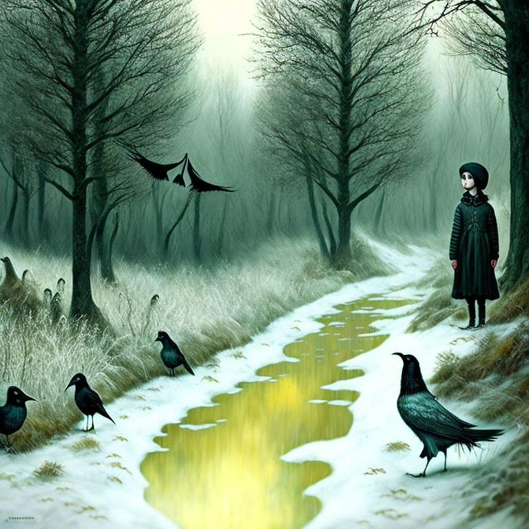 Surreal landscape with girl, crows, misty forest, golden river path