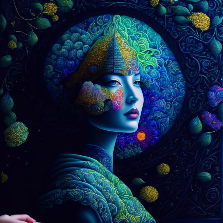 Colorful digital artwork of a woman with stylized headdress and cosmic background