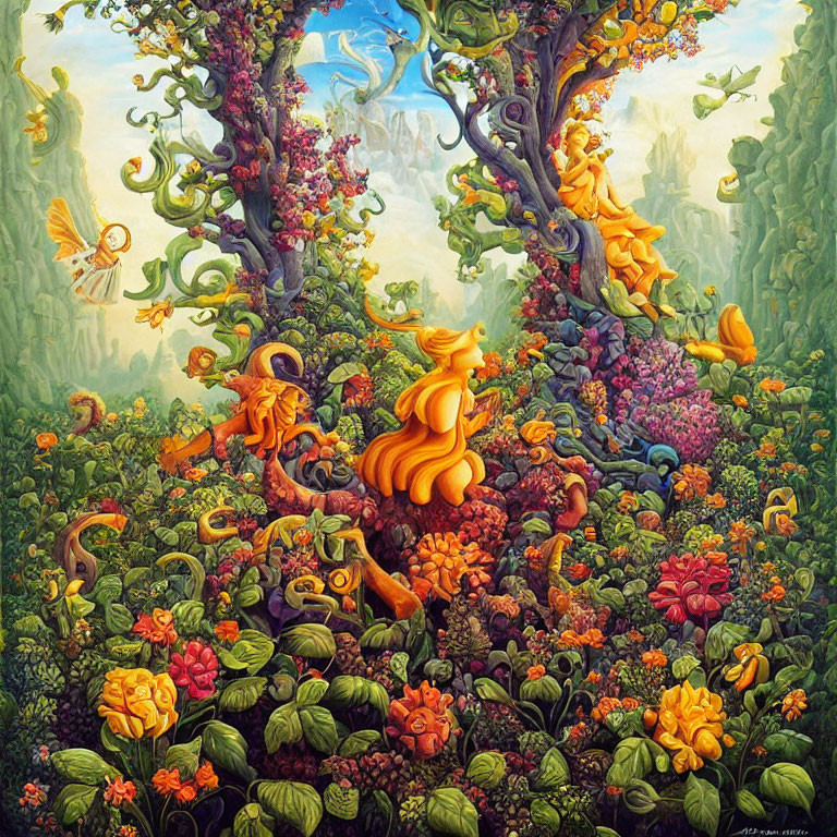 Colorful Whimsical Forest Painting with Elaborate Plants and Hidden Creatures