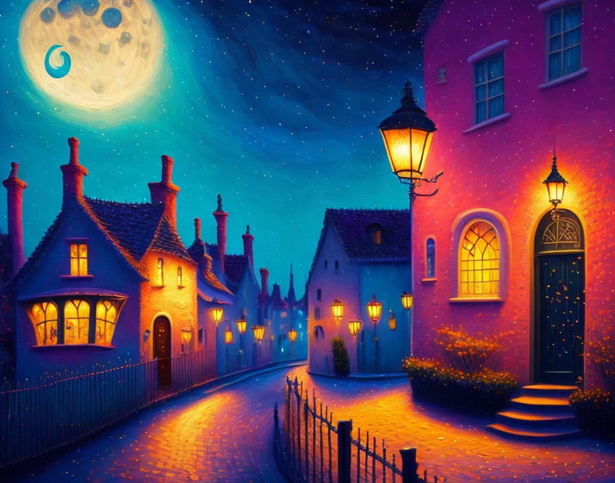 Whimsical painting of village street at night with golden light