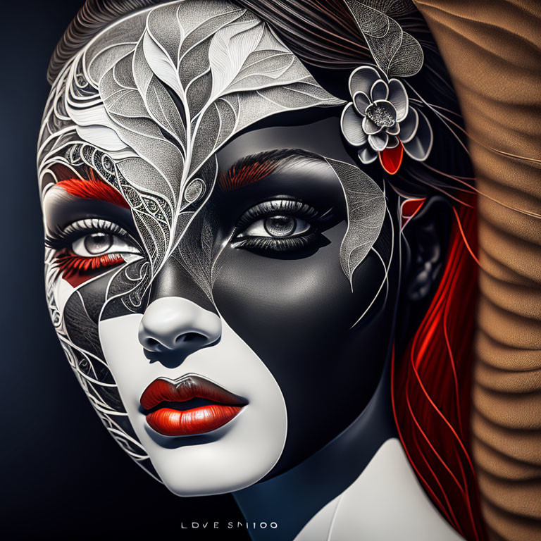 Detailed Digital Artwork: Woman with Dual-Faced Mask, Silver Patterns, Red Accents