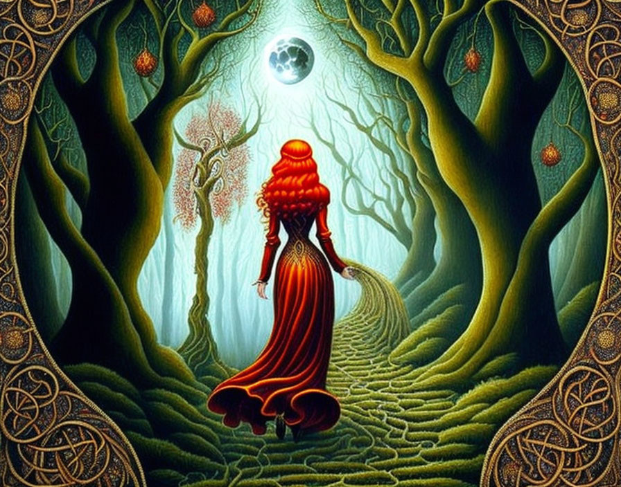 Woman in Red Gown at Mystical Forest Entrance under Moon