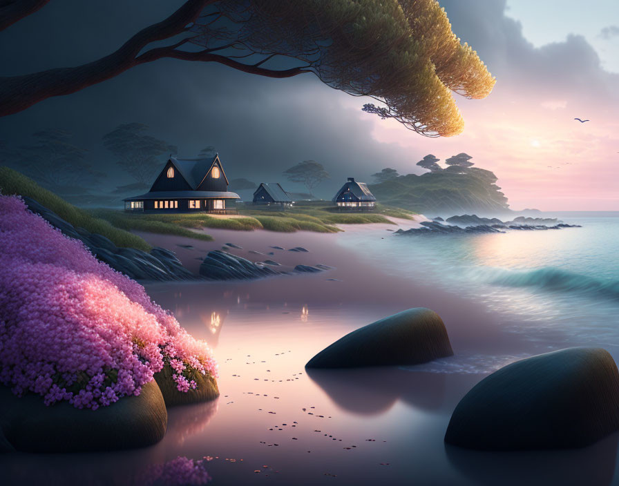 Tranquil twilight scene by the sea with cozy houses, flowering shore, and birds in pastel