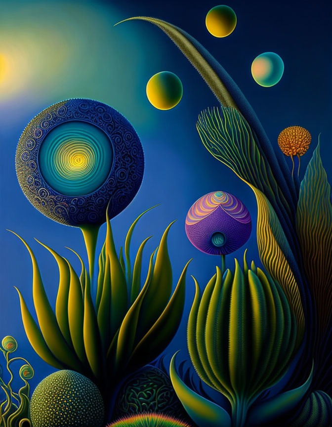 Surreal landscape with vibrant plants and celestial bodies