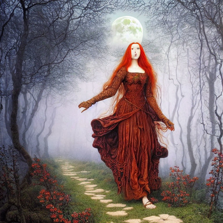 Red-haired woman in orange gown walking on forest path under full moon