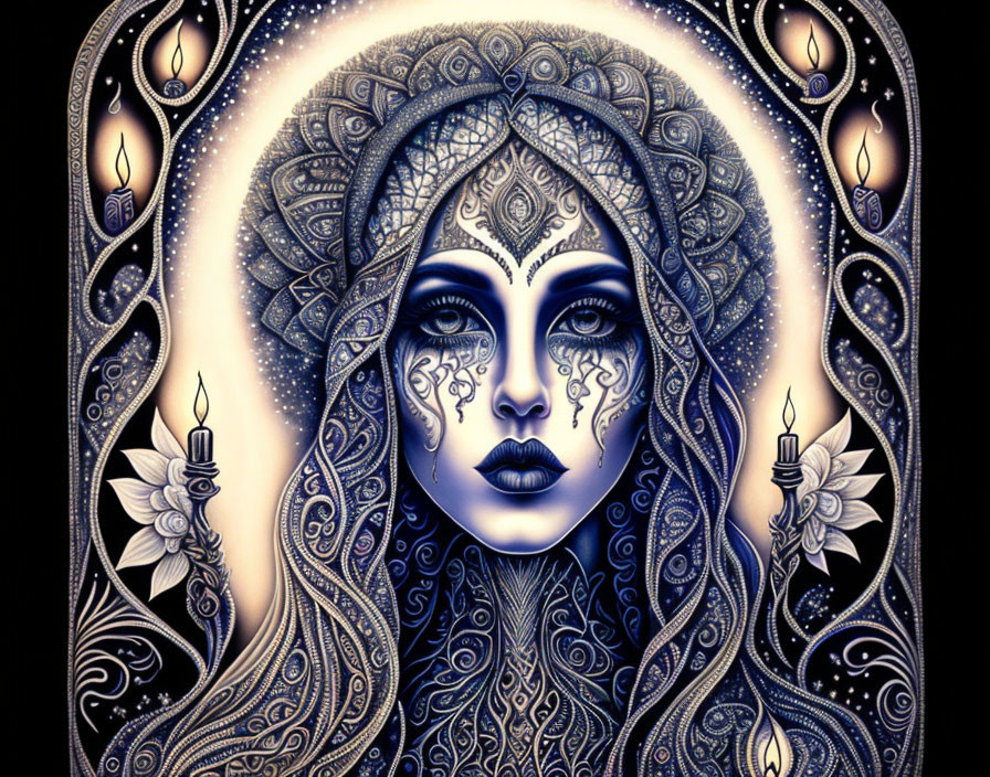 Mystical artwork of woman with intricate skin patterns and candle motifs