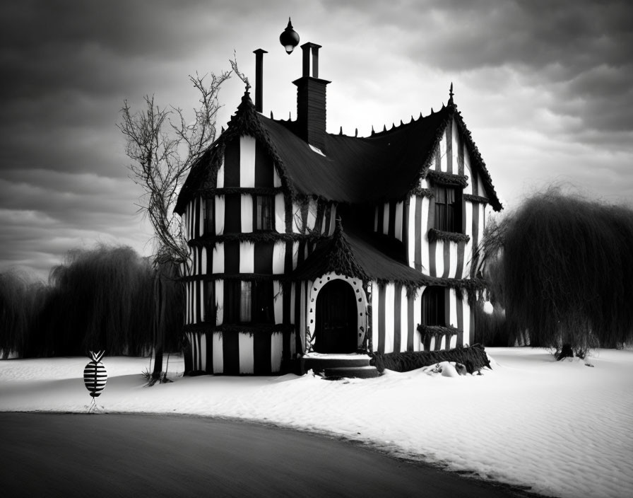 Monochrome whimsical Tudor-style house in snowy landscape