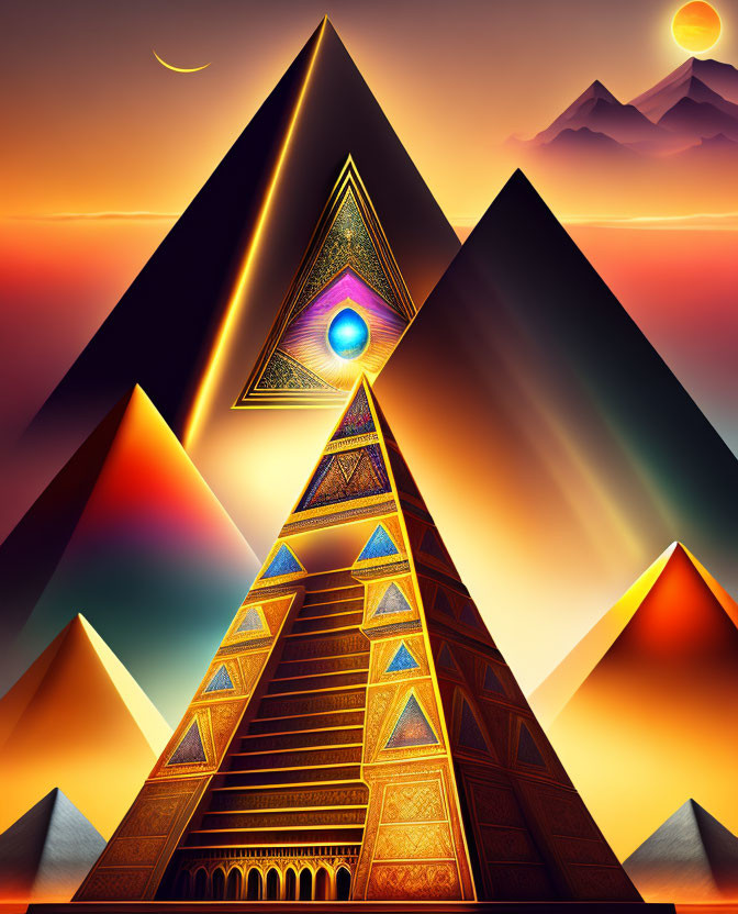 Digital art: Stylized pyramids under sunset sky, mountains, crescent moon