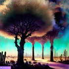 Colorful alien trees and plants in a fantastical landscape