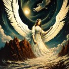 Fantastical angel with expansive wings in dreamlike landscape holding glowing orb