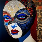 Detailed Digital Artwork: Woman with Dual-Faced Mask, Silver Patterns, Red Accents